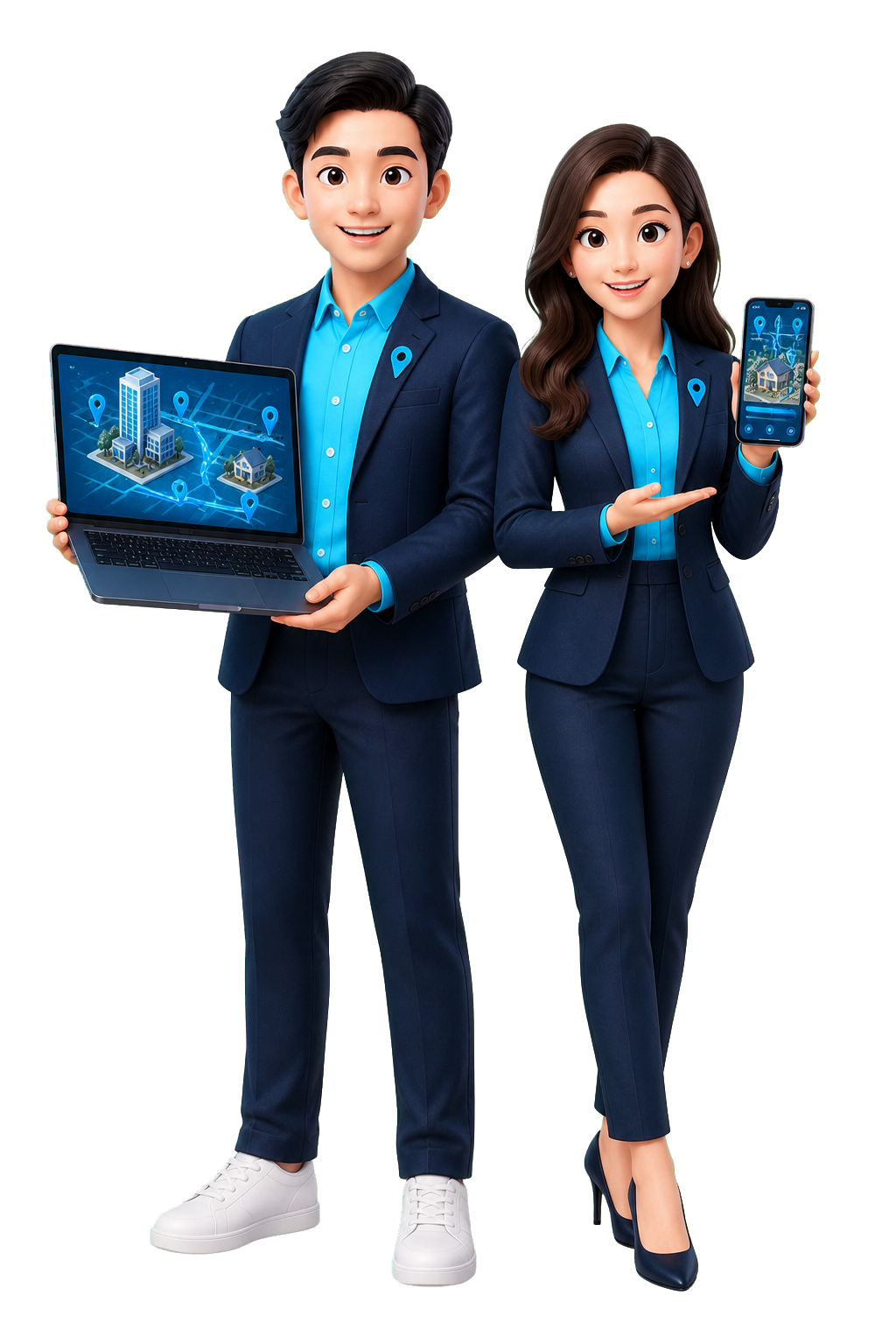 Nam môi giới dùng BDS MapTour trên laptop và nữ môi giới dùng trên điện thoại